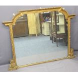 OVERMANTLE MIRROR - large Victorian gilt famed with shaped top, 125cms H, 170cms W, 10cms D