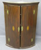 CORNER CUPBOARD, wall hanging bow front mahogany twin door with inlay Sheraton shell detail, 'H'