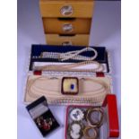 SILVER & COSTUME JEWELLERY in a small three-drawer chest, cameo type brooches and earrings, three
