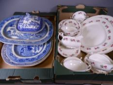 MAYFAIR - ROSE DECORATED DINNERWARE and three Blue & White platters and a food server (2 boxes)