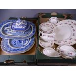 MAYFAIR - ROSE DECORATED DINNERWARE and three Blue & White platters and a food server (2 boxes)