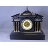 SLATE MANTEL CLOCK on a stepped base and finial top, 36cms H, 38cms W, 16cms D