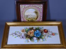 A TILE DEPICTING LANDSCAPE SCENE & PINK BORDER within a Rosewood frame, 27 x 27cms size overall