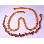 BALTIC AMBER & AMBER BEAD TYPE NECKLACES (2), 54 and 90cm lengths, 43.5grms and 111grms