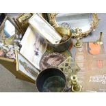 FANCY GILT FRAME MIRROR, dressing table mirror, papier mache trays and a quantity of brassware