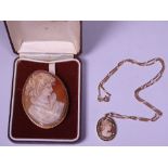 LARGE 9CT GOLD MOUNTED SHELL CARVED CAMEO and a later 9ct pendant necklace with cameo inset, 5 x