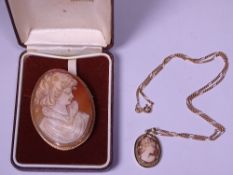 LARGE 9CT GOLD MOUNTED SHELL CARVED CAMEO and a later 9ct pendant necklace with cameo inset, 5 x