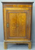 OAK STANDING CORNER CUPBOARD, single door with Sheraton type inlay, shaped interior shelves on