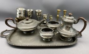 PEWTER - five piece (CORRECTED) tea service including a good 2 handled tray and a small quantity of