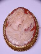 CAMEO BROOCH, 9CT GOLD FRAMED, with two ladies, 9ct gold rope twist frame, 5 x 3.5cms, 17.5grms