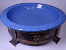 ARTS & CRAFTS STYLE BOWL STAND, 27cms D in beaten and silver plated riveted metal having a double