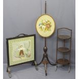 POLE SCREEN with tapestry flower insert, firescreen with embroidered 'lady' panel and three tier