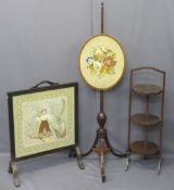 POLE SCREEN with tapestry flower insert, firescreen with embroidered 'lady' panel and three tier