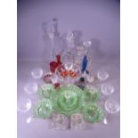 GLASSWARE - set of six twist stem drinking glasses, coloured glass, decanters ETC