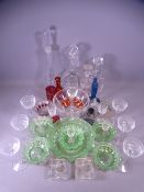 GLASSWARE - set of six twist stem drinking glasses, coloured glass, decanters ETC