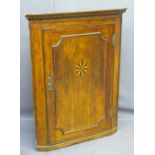 INLAID OAK MAHOGANY CORNER WALL HANGING CUPBOARD with Starburst detail to a single door with