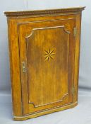 INLAID OAK MAHOGANY CORNER WALL HANGING CUPBOARD with Starburst detail to a single door with