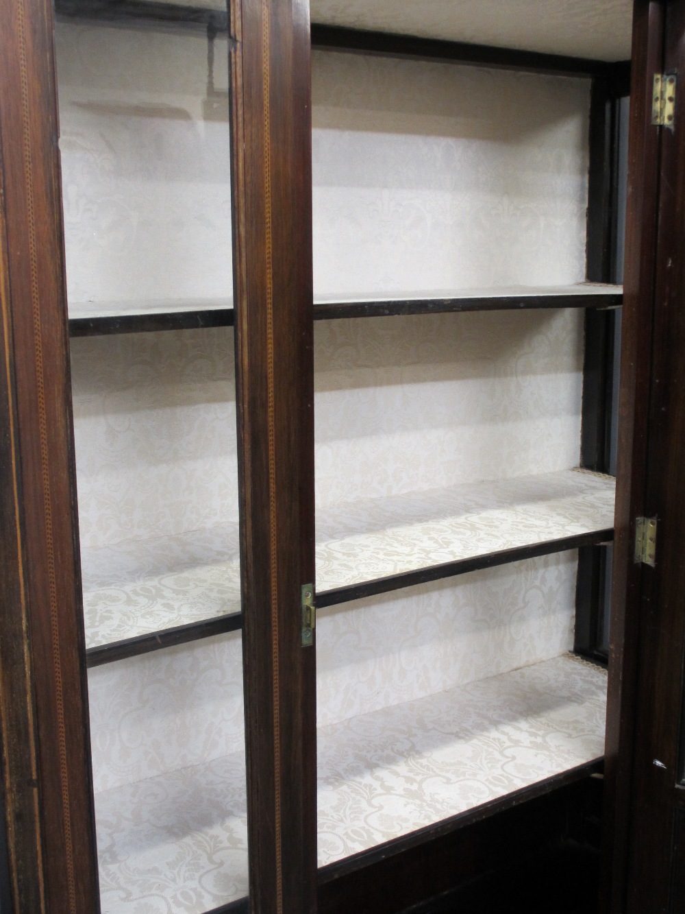 MAHOGANY INLAID BREAKFRONT DISPLAY CABINET, single door, with floral upholstered shelves and back, - Image 4 of 5