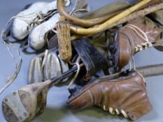 SILVER KING ANTIQUE GOLF CLUBS, walking sticks, also old sport shoes and ice skates ETC