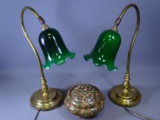REPRODUCTION BRASS DESK LAMPS with green glass shades, a pair, along with a Crown Ducal pot pourri