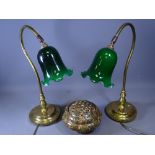 REPRODUCTION BRASS DESK LAMPS with green glass shades, a pair, along with a Crown Ducal pot pourri