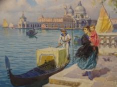 LUIGI MORELLO watercolour - Venetian waterfront scene with Gondola and mother and child, signed,