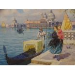 LUIGI MORELLO watercolour - Venetian waterfront scene with Gondola and mother and child, signed,