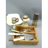 ANTIQUE MINER'S LAMP, shop scales with weights and a quantity of flatware in a wooden box