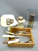 ANTIQUE MINER'S LAMP, shop scales with weights and a quantity of flatware in a wooden box