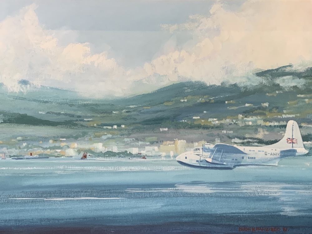 HUGH K HARWOOD mixed media - sea plane landing, 24 x 33mcs, UNSIGNED watercolour - a liner at sea, - Image 2 of 4