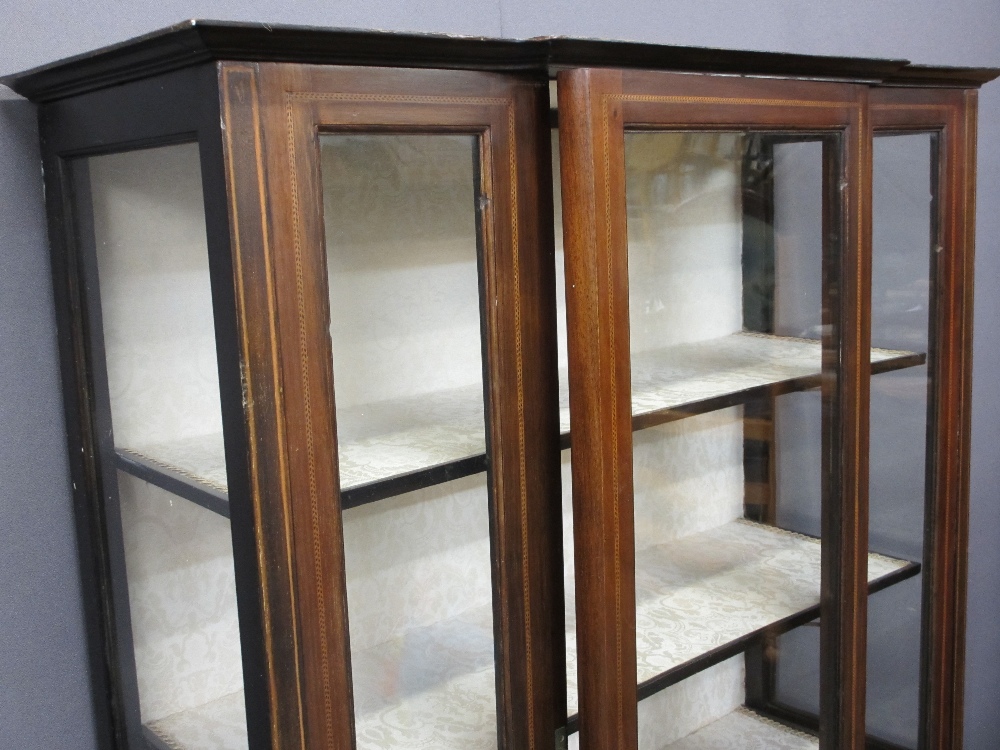 MAHOGANY INLAID BREAKFRONT DISPLAY CABINET, single door, with floral upholstered shelves and back, - Image 2 of 5