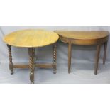 OAK TWIST COACHING TABLE, 72cms H, 92cms W, 11cms D and a semi-circular hall table on tapered