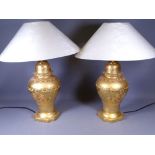 A PAIR OF ORNATELY PAINTED PORCELAIN TABLE LAMPS, a pair, 40cms H, no bulb, with shades