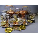 COPPER KETTLES, DECORATIVE BRASSWARE and a small parcel of pewter ETC