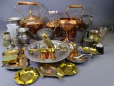 COPPER KETTLES, DECORATIVE BRASSWARE and a small parcel of pewter ETC