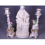PAIR OF CONTINENTAL CANDLEHOLDERS, 30cms H and a Parian figure of a lady