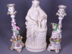 PAIR OF CONTINENTAL CANDLEHOLDERS, 30cms H and a Parian figure of a lady
