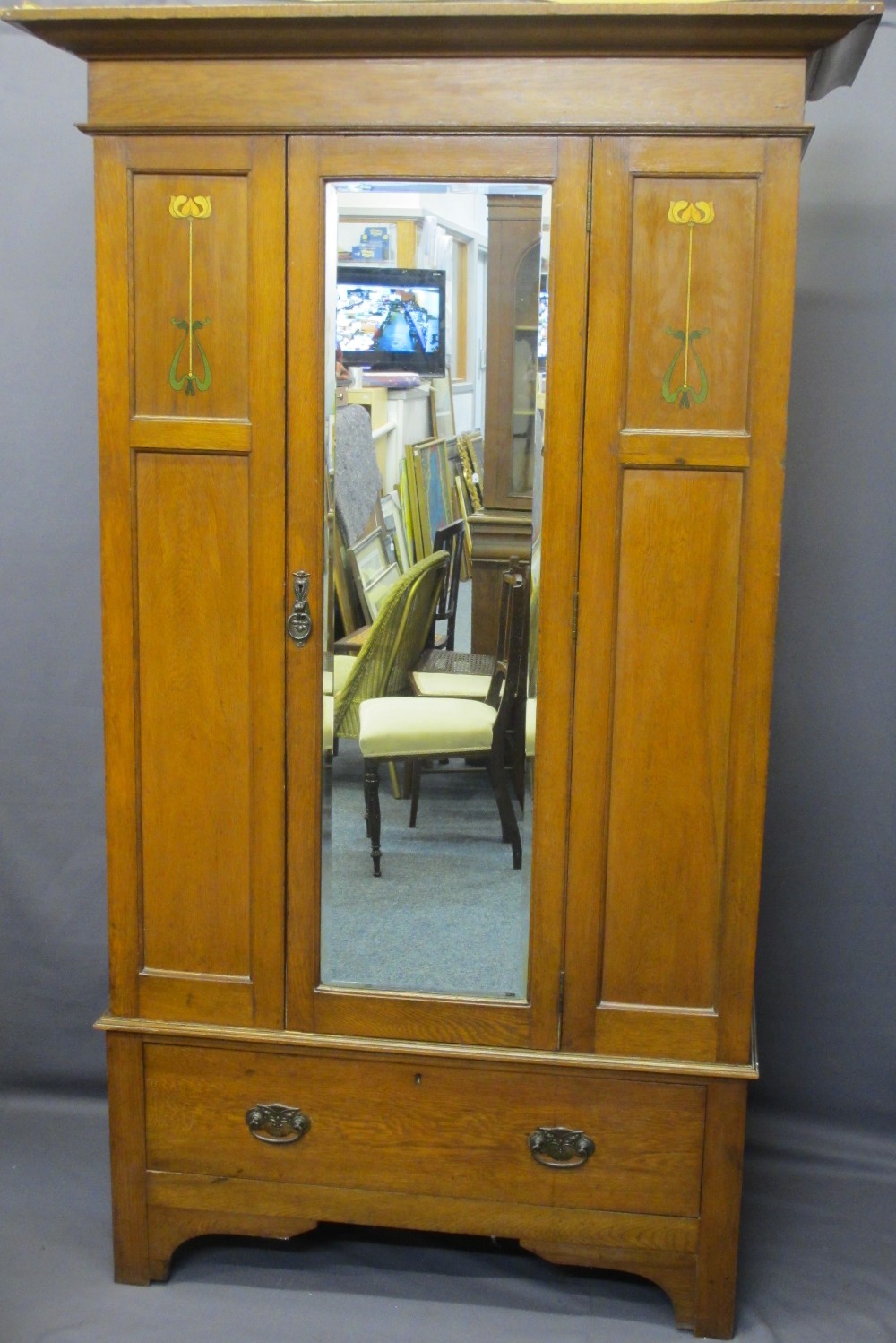 ART NOUVEAU WARDROBE with single mirrored door over a base drawer, 198cms H, 120cms W, 53cms D