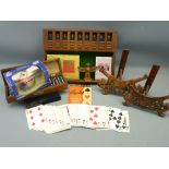 MISCELLANY - vintage domino set, cribbage, also carved hardwood stands ETC