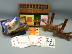 MISCELLANY - vintage domino set, cribbage, also carved hardwood stands ETC