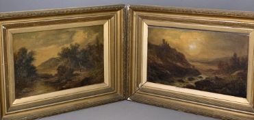 19TH CENTURY OILS ON CANVAS, a pair - both landscapes featuring distant figures, 29 x 44cms