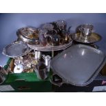 EPNS - card tray, swing handled basket, wine holder, galleried tray, a large parcel of hotel service