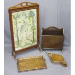 TAPESTRY FIRESCREEN with exotic birds amongst foliage, magazine rack, wood and brass handle tray