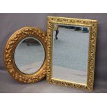 GILT FRAME WALL MIRRORS (2), both bevel edge, 80cms H, 56cms W, oval 68cms H, 58cms W