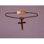 AMENDED DESCRIPTION - 9CT CRUCIFIX, 0.8grms, with a neat 9ct identification band on a yellow metal,