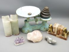 MINERALS - two pairs of bookends and a quantity of ornamental stones and vintage scales and weights