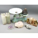 MINERALS - two pairs of bookends and a quantity of ornamental stones and vintage scales and weights