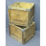 COURTAULDS STORAGE BOXES, two with 'Courtaulds Rayon' emblem, 43cms H, 46cms W, 46cms D (no lids)