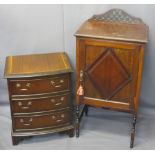 BOW FRONT CHEST, three drawer with inlay, 62cms H, 51cms W, 38cms D and a single door nightstand,