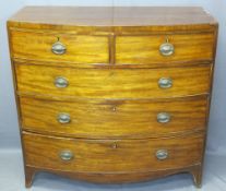 MAHOGANY BOW FRONT CHEST, two short over three long drawers, brass oval drop handles, 103cms H,